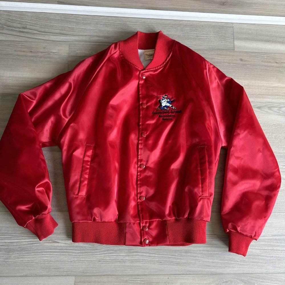 Vintage Red Satin Nylon Auburn Sportswear Jacket Medium Made USA Softball Umpire